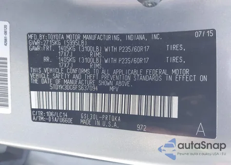 2015 Toyota Sienna Xle 8 Passenger из США, поврежденный, VIN 5TDYK3DC6FS637094